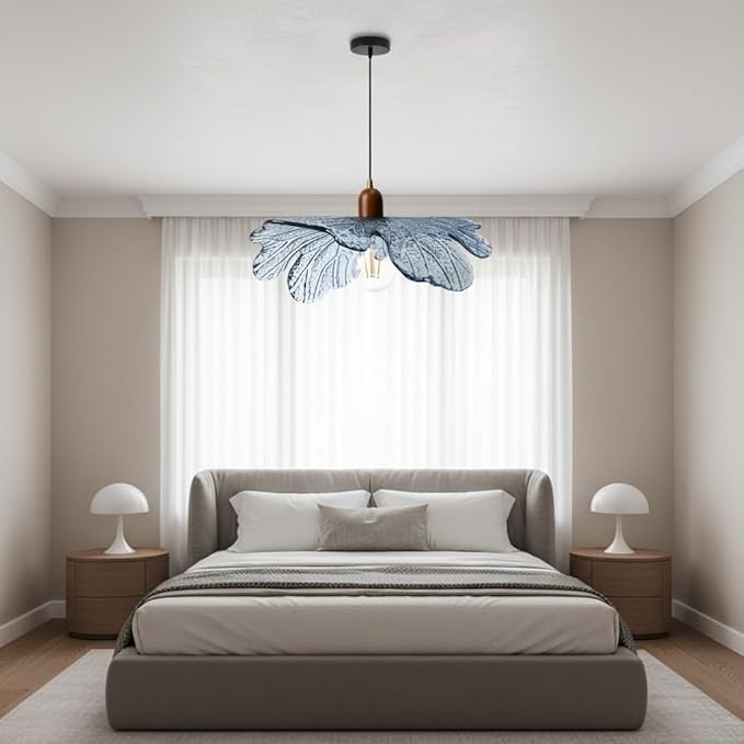 Blue Glass Pendant Light 15.75" Large Flower Petal Hanging Ceiling Light Adjustable 59" Cord with Wood & Metal Accents Modern Statement Chandelier for Dining Room Living Room Foyer