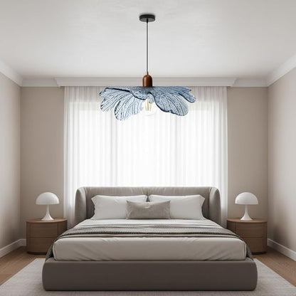 Blue Glass Pendant Light 15.75" Large Flower Petal Hanging Ceiling Light Adjustable 59" Cord with Wood & Metal Accents Modern Statement Chandelier for Dining Room Living Room Foyer