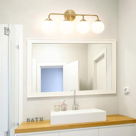 Modern Brushed Brass Bathroom Light Fixtures, Elegant Gold 4-Lights Vanity Light Fixtures, Milky White Globe Glass Shade Vanity Light over Mirror, Wall Sconces for Bathroom Dressing Table Bedroom