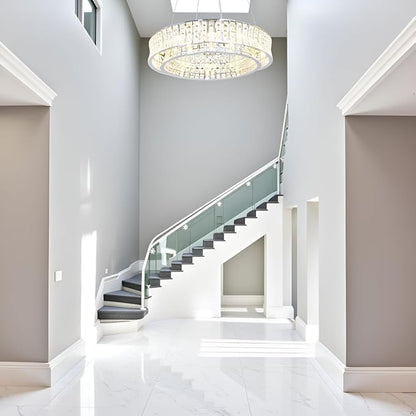Modern Crystal Chandelier Round 12-Light Contemporary Hanging Ceiling Light Fixture Chrome Finish with Clear Rectangular Crystals Dining Room Living Room Bedroom Entryway Lighting Easy Install 24''