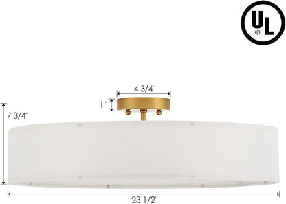 VILUXY Gold Semi-Flush Mount Ceiling Light Fixture with 24" Large White Fabric Drum Shade 5-Light for Bedroom Dining Room Entryway Round Ceiling Lamps