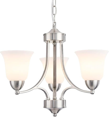 3-Lights Farmhouse Chandelier Brushed Nickel Modern Dining Room Light Fixture Silver Adjustable Ceiling Hanging Pendent Lighting with Frosted Glass for Kitchen Island, Living Room,Foyer