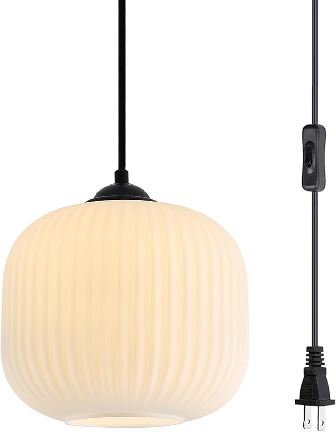 Milk Glass Hanging Pendant Light Plug in Farmhouse Black Pendant Lights Kitchen Island Lighting Frosted Glass Hanging Lamp Bedroom Plug in Ceiling Light