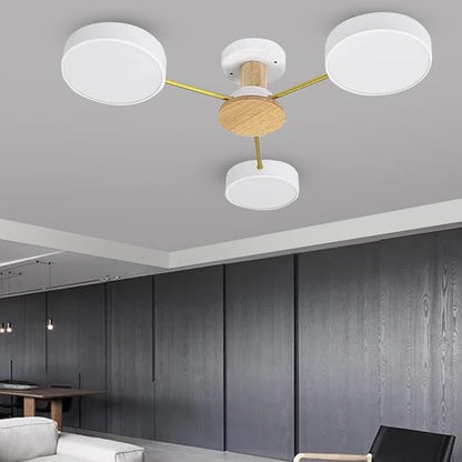 3-Lights LED Ceiling Light Fixture,26 Inch Modern Ceiling Lights Flush Mount Wooden 24W Dimmable Chandelier for Living Room Bedroom Kitchen,3000K/4000K/6000K White