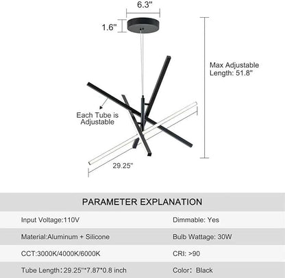 Modern LED Chandelier Linear Pendant Light Dimmable 4 Lights Linear Chandelier 3000K,4000K,6000K Hanging Pendant Lighting for Kitchen Island Living Dining Room Restaurant Office (Black)