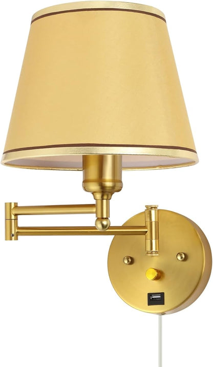 Plug-in Wall Sconce Swing Arm 1-Light Wall Mount Lamp with USB Charging Port Wall Sconce Lighting with Dimmable On Off Switch Gold Fabric Shade Brass Wall Lamp Light Fixture
