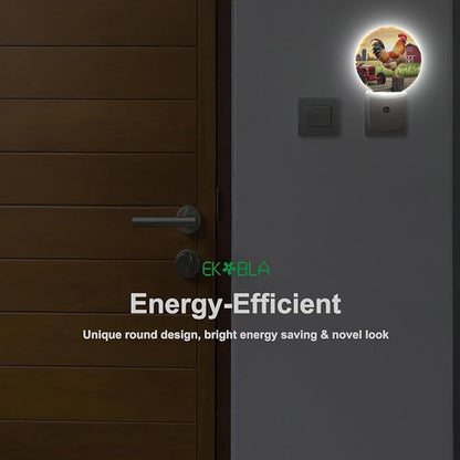 EKOBLA Rooster Plug-in Night Light, Rustic Farm Rooster on Fence LED Nightlight with Dusk to Dawn Sensor for Kids Room & Hallway