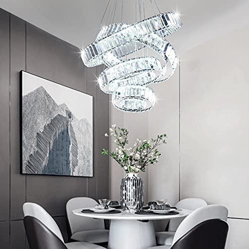 CLAIRDAI Modern 4 Ring Crystal Chandelier, LED Pendant Light Fixture, Cool White K9 Crystal Ceiling Light for Dining Room, Living Room, Bedroom