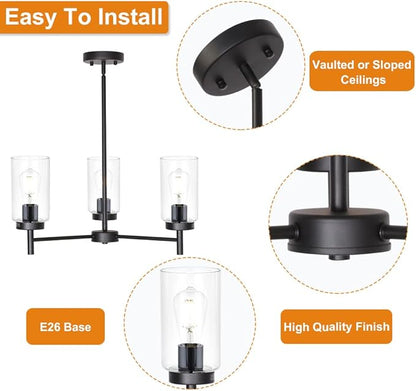 Farmhouse Chandeliers Black 3 Lights with Clear Glass Shades Modern Industrial Pendant Light Dining Room Lighting Fixtures Hanging Adjustable Wire Semi Flush Ceiling Lights