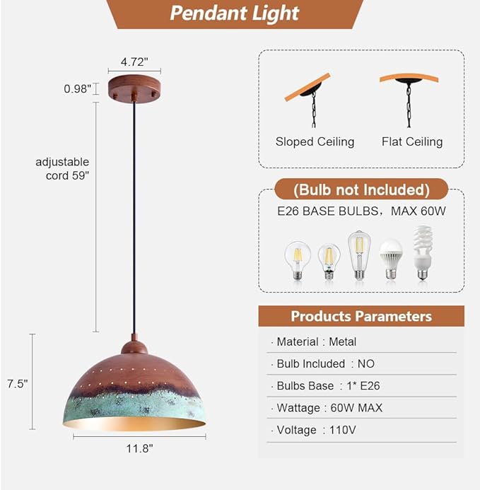 11.8 Inch Metal Dome Pendant Light, Industrial Kitchen Island Pendant Light Farmhouse Hemispherical Hanging Ceiling Light Fixture for Dining Room, Bar, Restaurant