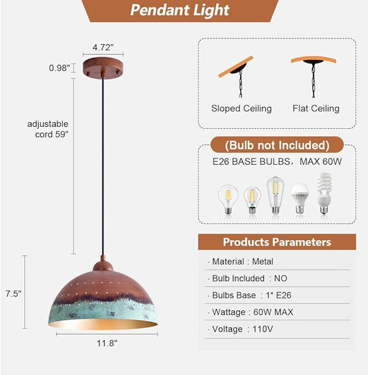 11.8 Inch Metal Dome Pendant Light, Industrial Kitchen Island Pendant Light Farmhouse Hemispherical Hanging Ceiling Light Fixture for Dining Room, Bar, Restaurant