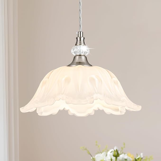 1 Piece Brushed Nickel Chandelier Light Fixtures with White Glass Shade, Brushed Nickel Finish Pendant Light,Hanging Light for Dining Room,Hallways,Living Room,Bedroom