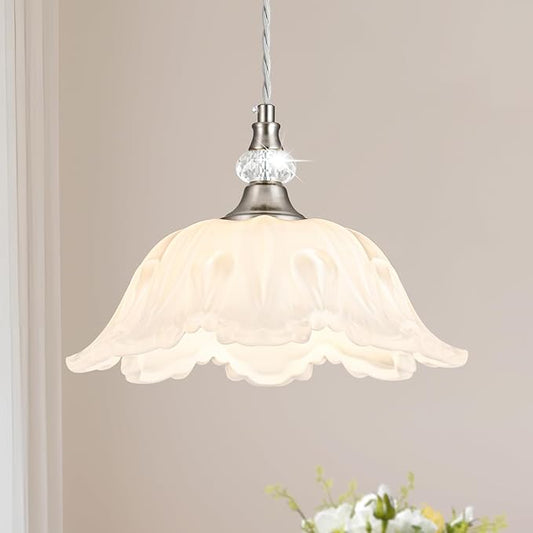 1 Piece Brushed Nickel Chandelier Light Fixtures with White Glass Shade, Brushed Nickel Finish Pendant Light,Hanging Light for Dining Room,Hallways,Living Room,Bedroom