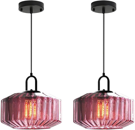 Mid Century Hanging Light Purple Glass Ceiling Pendant Lights Kitchen Island Vintage Pendant Lighting Striped Glass Globe Shade Modern Dining Room Pendant Light fixtures Black Finish
