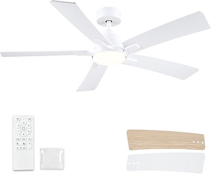 52 Inch Ceiling Fans with Lights and Remote, White Ceiling Fan, Downrod Style with 5 Blades, Modern Design For Indoor Bedroom Living Room/Outdoor, 6 Speed Reversible DC Motor, 3CCT Dimmable LED