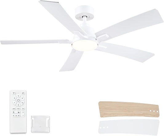 52 Inch Ceiling Fans with Lights and Remote, White Ceiling Fan, Downrod Style with 5 Blades, Modern Design For Indoor Bedroom Living Room/Outdoor, 6 Speed Reversible DC Motor, 3CCT Dimmable LED