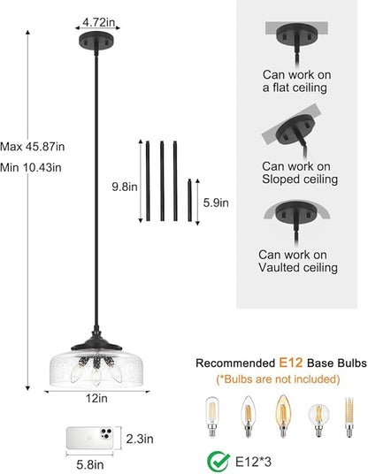 Black Vintage 3-Light Pendant Lights Kitchen Island, Adjustable Height Kitchen Island Lighting, Bathroom Pendant Light with Bubble Glass Shade- Dual Mount Ceiling & Hanging Fixtures with 90° Swivel