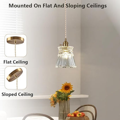 Glass Pendant Light 5.7 Inch Mini Vintage Brass Pendant Lights Fixture with Switch Farmhouse Hanging lamp for Kitchen Island Dining Room Hallway Bedroom Bar Restaurants Foyer E26 Gold 1-Light