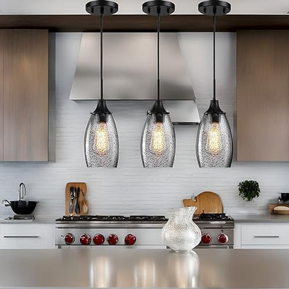 Viinew Mini Glass Pendant Light,4.72" Black Glass Hanging Light 3-Pack Handblown Clear Black Seeded Shade Adjustable Cord Ceiling Light Fixture for Kitchen Island Sink