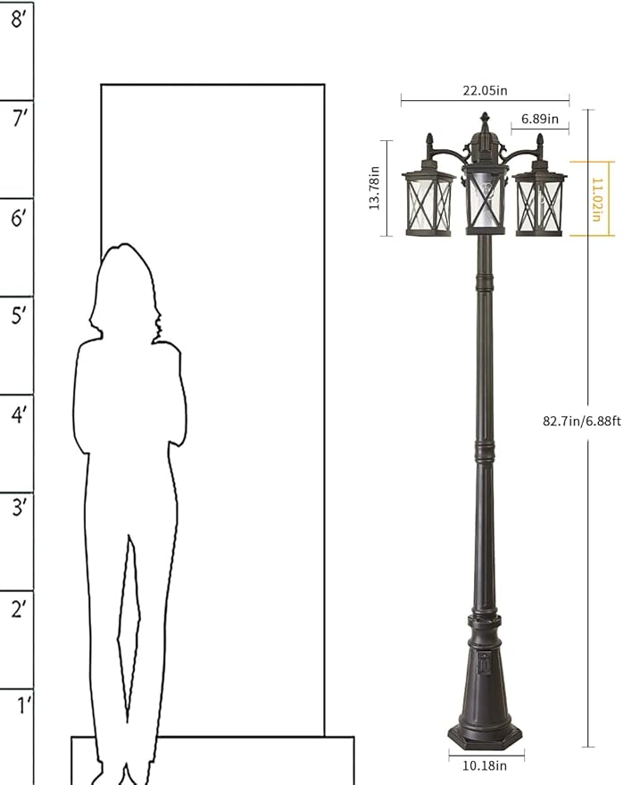 Modern Outdoor Street Light 82.7" H Dusk to Dawn 3-Head Post Lights Outside with Outlet Waterproof Outdoor Lamp Post Lights Street Lantern 3 Light in Black for Exterior Yard