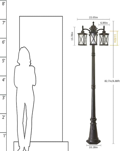 Modern Outdoor Street Light 82.7" H Dusk to Dawn 3-Head Post Lights Outside with Outlet Waterproof Outdoor Lamp Post Lights Street Lantern 3 Light in Black for Exterior Yard