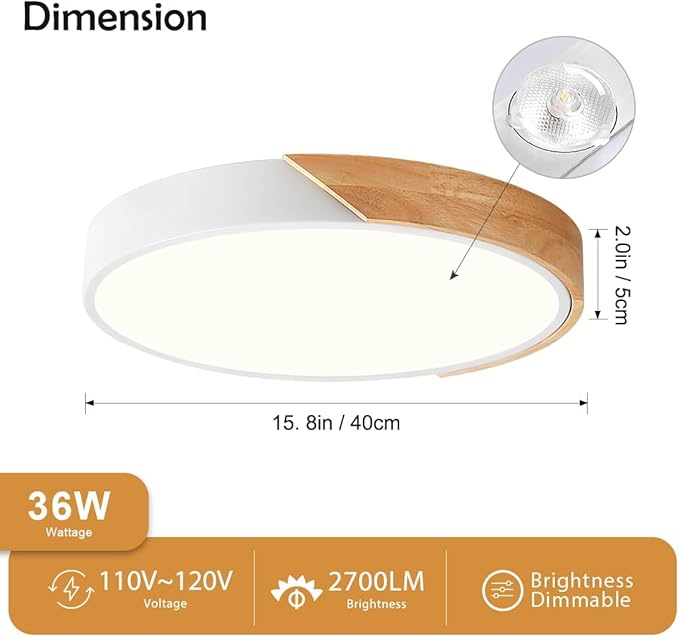 Modern Dimmable Wood Ceiling Light, Minimalist LED 5CCT 2700K-6000K Flush Mount Ceiling Light Fixture, Round Lighting Lamp for Bedroom Living Room Dining Room Laundry, White, 15.8"
