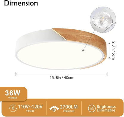 Modern Dimmable Wood Ceiling Light, Minimalist LED 5CCT 2700K-6000K Flush Mount Ceiling Light Fixture, Round Lighting Lamp for Bedroom Living Room Dining Room Laundry, White, 15.8"