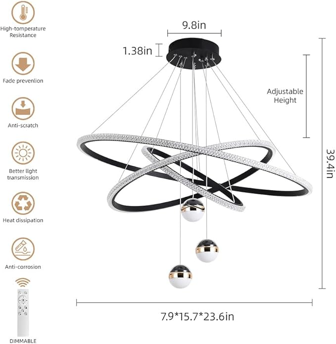 My Precious Modern LED Chandelier, 3-Ring Chandeliers for Dining Room with Remote, 3-Ball Dimmable Pendant Light, High Ceiling Hanging Restaurant LED Chandelier for Living Room, Bedroom.