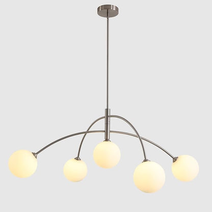 Mid Century Modern Chandelier, 5 Light Silver Sputnik Light Fixture with White Glass Globe Shade, Adjustable Modern Sputnik Chandelier for Dining Room Kitchen Bedroom