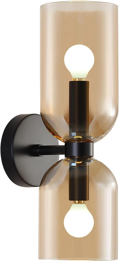 Modern Glass Wall Sconces- Double Head Wall Lighting with Long Short Glass Shades- Bathroom Vanity Light Mid-Century Up Down Hardwired Wall Lamp Indoor for Bedroom Hallway Living (Black-Amber)