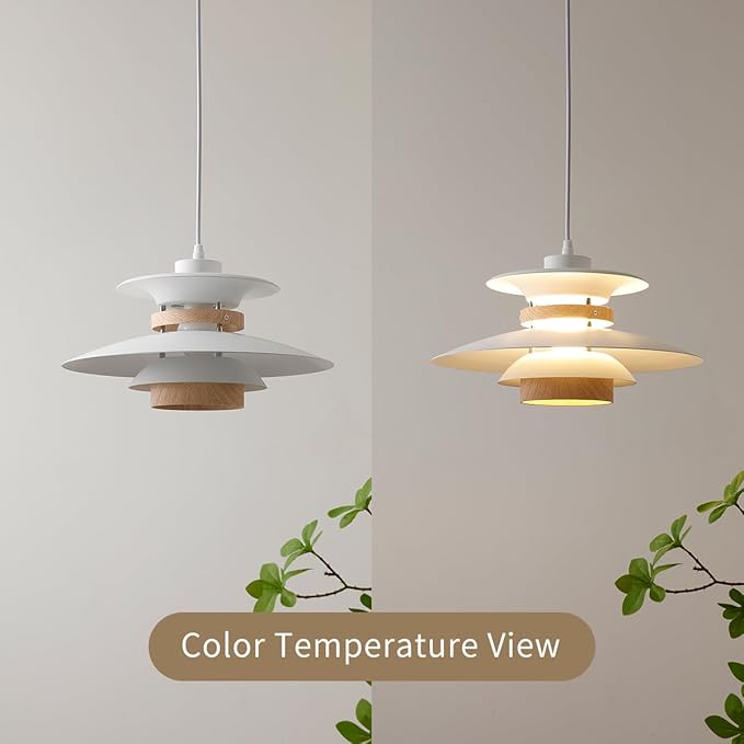 EFINEHOME Modern Decor Adjustable Pendant Lamp Kitchen Island, Aluminum and Wood Finish,1-Light E26 Base Ceiling Hanging Light for Dining Room Shop Restaurant (White+Light Wood Grain, 35cm)