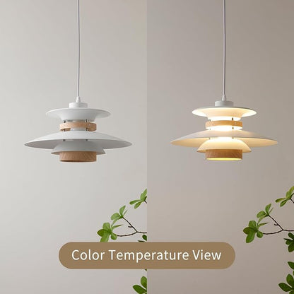 EFINEHOME Modern Decor Adjustable Pendant Lamp Kitchen Island, Aluminum and Wood Finish,1-Light E26 Base Ceiling Hanging Light for Dining Room Shop Restaurant (White+Light Wood Grain, 35cm)