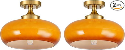 Vintage Glass Flush Mount Ceiling Light - 2 Pack Orange Light Fixture Ceiling Mount with Seeded Glass Vintage Design Rustic Ceiling Light Fixture for Closet Entryway Farmhouse