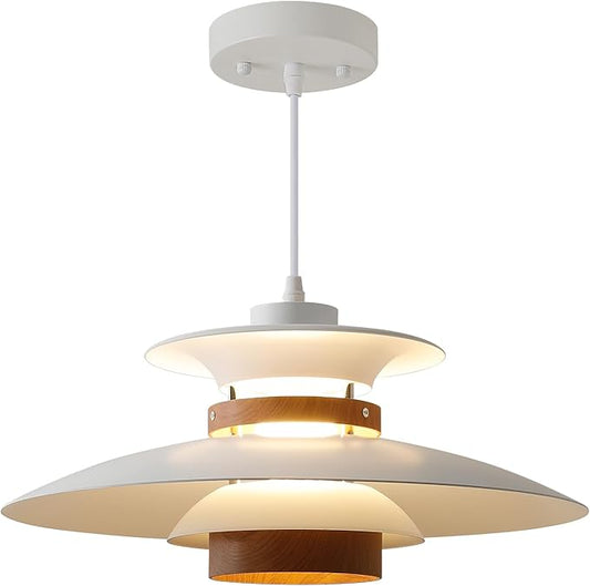 EFINEHOME Modern Decor Adjustable Pendant Lamp Kitchen Island, Aluminum and Wood Finish,1-Light E26 Base Ceiling Hanging Light for Dining Room Shop Restaurant (White+Dark Wood Grain, 40cm)