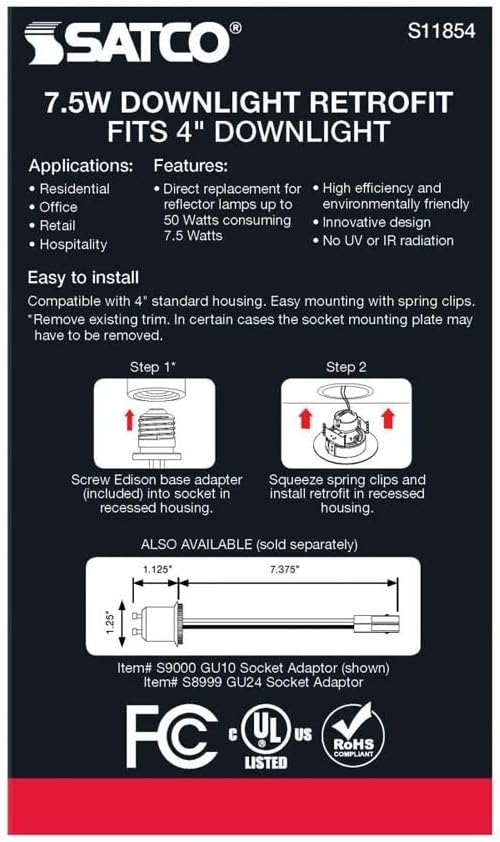 Satco LED Retrofit Gimbal Downlight, CCT Selectable 2700K/3000K/3500K/4000K/5000K, 4 Inches, Black Finish