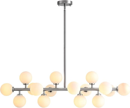 39'' Brushed Nickel and Milky White Mid Century Modern Pendant Lights Dimmable Glass Globe Sputnik Chandelier 16 Lights Linear Chandelier Light Fixtures for Kitchen Island Dining Room