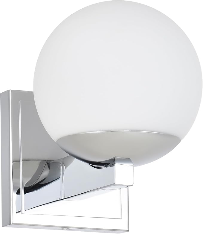 Chrome Wall Sconce Light, Modern Sconces Wall Lighting, 1 Light Globe Bathroom Vanity Lighting with Opal Glass Shade, Wall Light for Bedroom Bathroom Living Room Entryway Hallway
