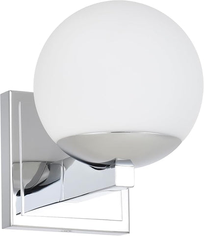 Chrome Wall Sconce Light, Modern Sconces Wall Lighting, 1 Light Globe Bathroom Vanity Lighting with Opal Glass Shade, Wall Light for Bedroom Bathroom Living Room Entryway Hallway