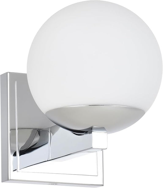 Chrome Wall Sconce Light, Modern Sconces Wall Lighting, 1 Light Globe Bathroom Vanity Lighting with Opal Glass Shade, Wall Light for Bedroom Bathroom Living Room Entryway Hallway