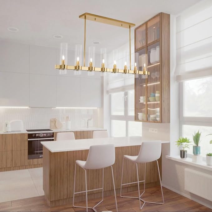 8-Light Linear Chandelier - Gold Kitchen Island Lighting - with Glass Shape Adjustable 50'' Modern Farmhouse Rectangle Pendant Light Fixtures, Dining Room, Bedroom