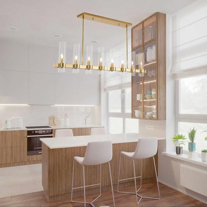 8-Light Linear Chandelier - Gold Kitchen Island Lighting - with Glass Shape Adjustable 50'' Modern Farmhouse Rectangle Pendant Light Fixtures, Dining Room, Bedroom