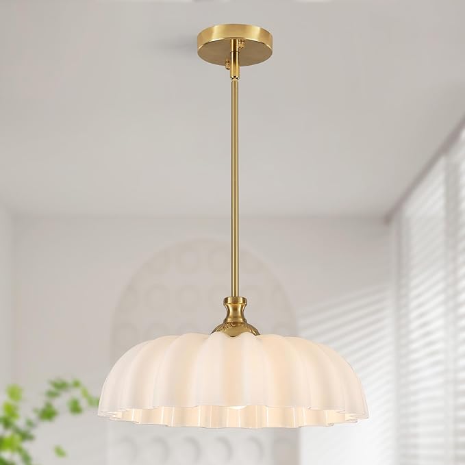 15.7" Vintage Flower Gold Chandelier - Adjustable Height White Milk Glass Shades Pendant Light Fixture for Kitchen Island, Dining Room, Bedroom