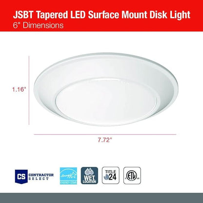 Juno SlimBasics 6 Inch LED Ceiling Light, LED Surface Mount Downlight for Shower Light or Closet Lighting, 3000K Neutral White, Tapered Trim, Wet Rated, Matte White (JSBT 6IN 30K 90CRI MW WL M6)
