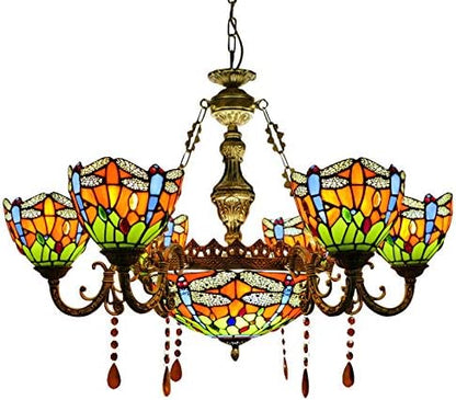 Pendant Lighting LED Chandelier Light Antique Tiffany Style Stained Glass with Butterfly Shaped Lamp Shade Hanging Light for Dining Living Cafe Room Restaurant (TYP B-Orange)