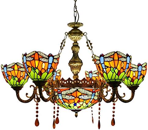 Pendant Lighting LED Chandelier Light Antique Tiffany Style Stained Glass with Butterfly Shaped Lamp Shade Hanging Light for Dining Living Cafe Room Restaurant (TYP B-Orange)