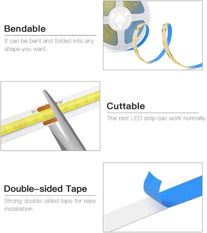 ZSLAIFU A 5V USB LED Light Strip, COB LED Strip Lights, White 5V LED Lights, Small LED Strip Light, TV Lights for TV Under Cabinet Kitchen Living Room Shelving or Displays (White, 3.28ft)