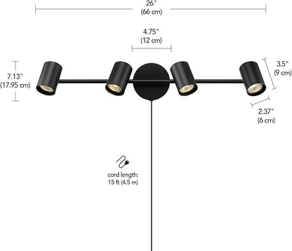 Globe Electric 64000119 4-Light Plug-in Track Lighting, Matte Black Finish, Adjustable Heads, Wall or Ceiling Mount, Modern Industrial Design
