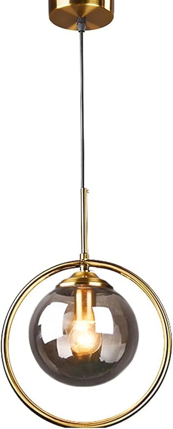 Pendant Light Modern Minimalist Hanging Lamp with Spherical Glass Shade and Brass Metal Ring Adjustable Height for Dining Room Bedroom Living Room (Smoke Grey)