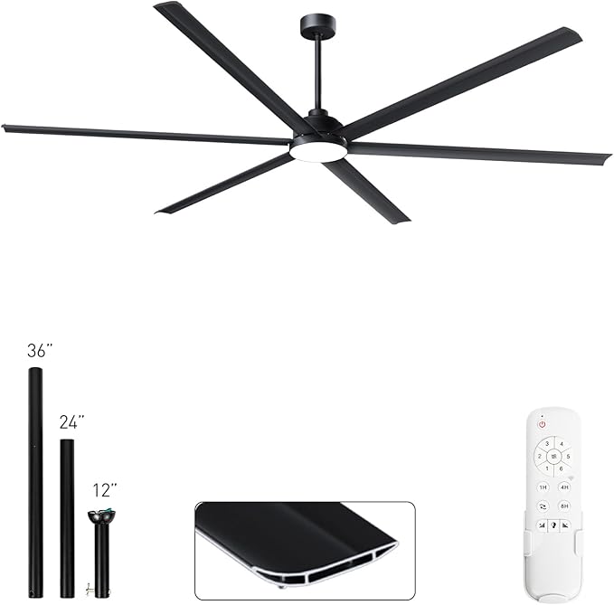 Minislak 100 Inch Large Industrial HVLS Ceiling Fan with 6 Black Double-Layer Aluminum Blades,High CFM Ceiling Fan with Light and Remote,12/24/36in Downrod,Quiet DC Motor Outdooor Fan for Patio
