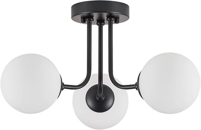 Modern Semi Flush Mount Ceiling Light,Black White Glass Shade Semi Ceiling Light 3-Light,Sputnik Chandeliers for Bedroom Hallway Dining Room Lighting Fixture, HL-23072702